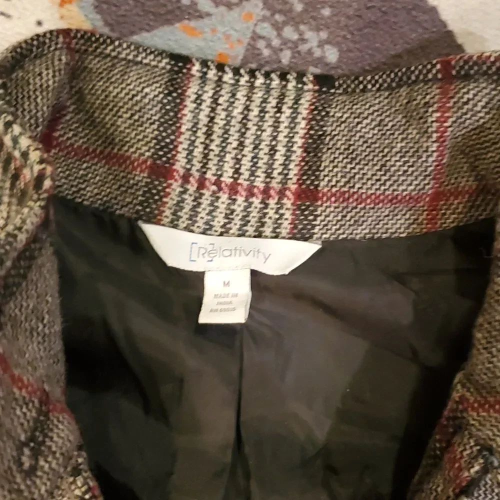 RELATIVITY WOMEN'S grey PLAID ZIPPER JACKET W/ ZIPPER POCKETS wool‎